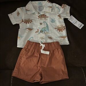 Dinosaur Print Shirt and Rust Shorts Set